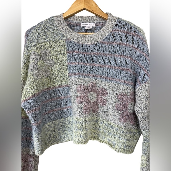 Sincerely Jules Cropped Length Wool Blend Patchwork Sweater Women's XS Pastel - Picture 2 of 7